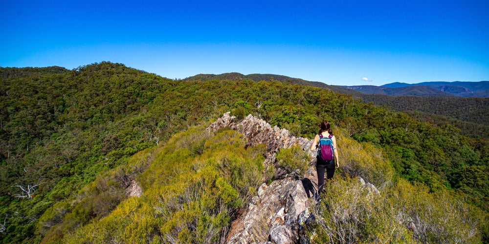 woman hiking mountain range 