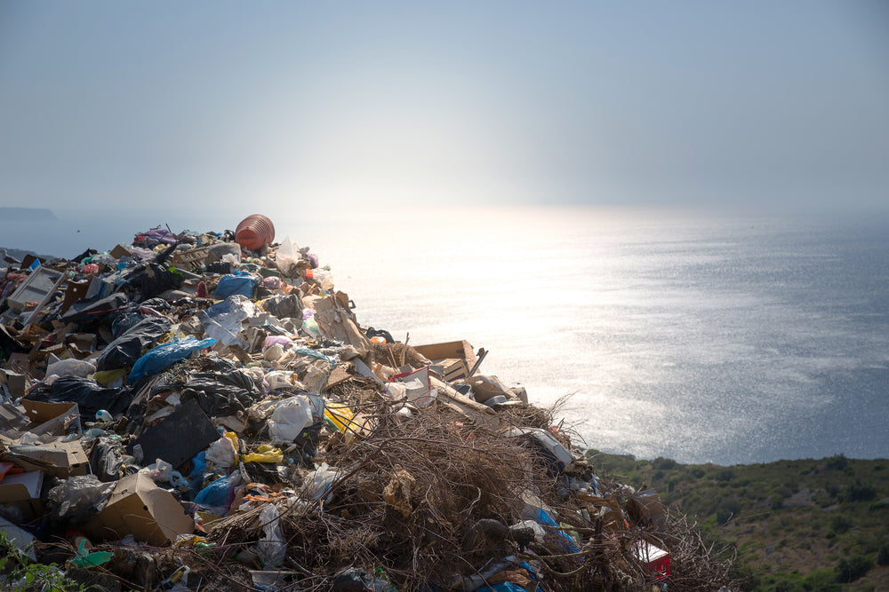 heap of garbage next to ocean 