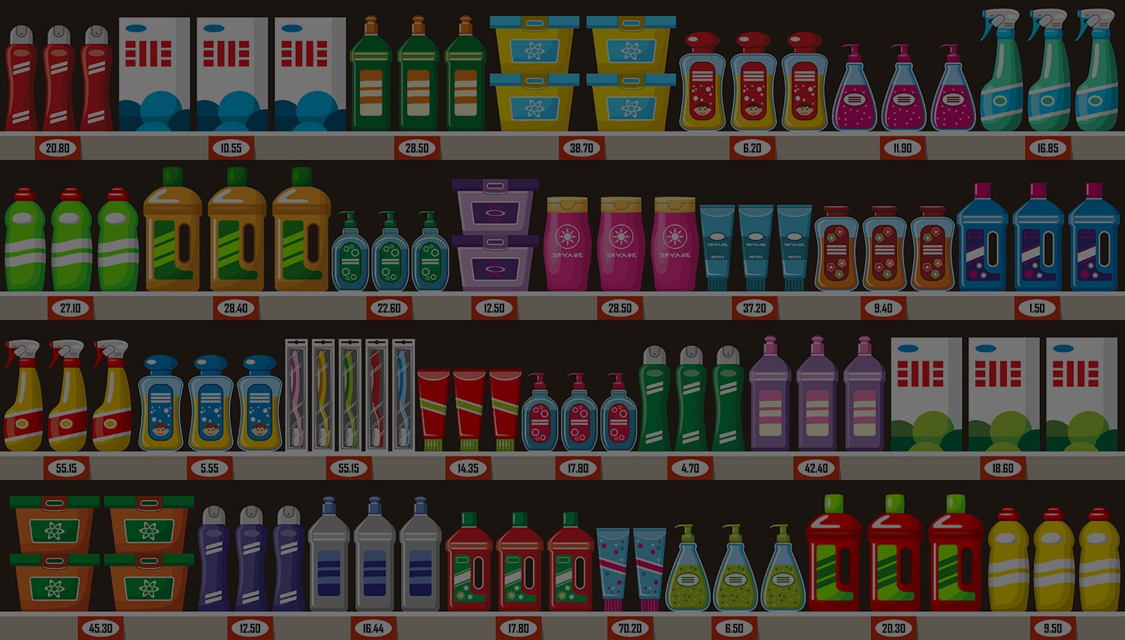 Various household chemicals on supermarket shelf